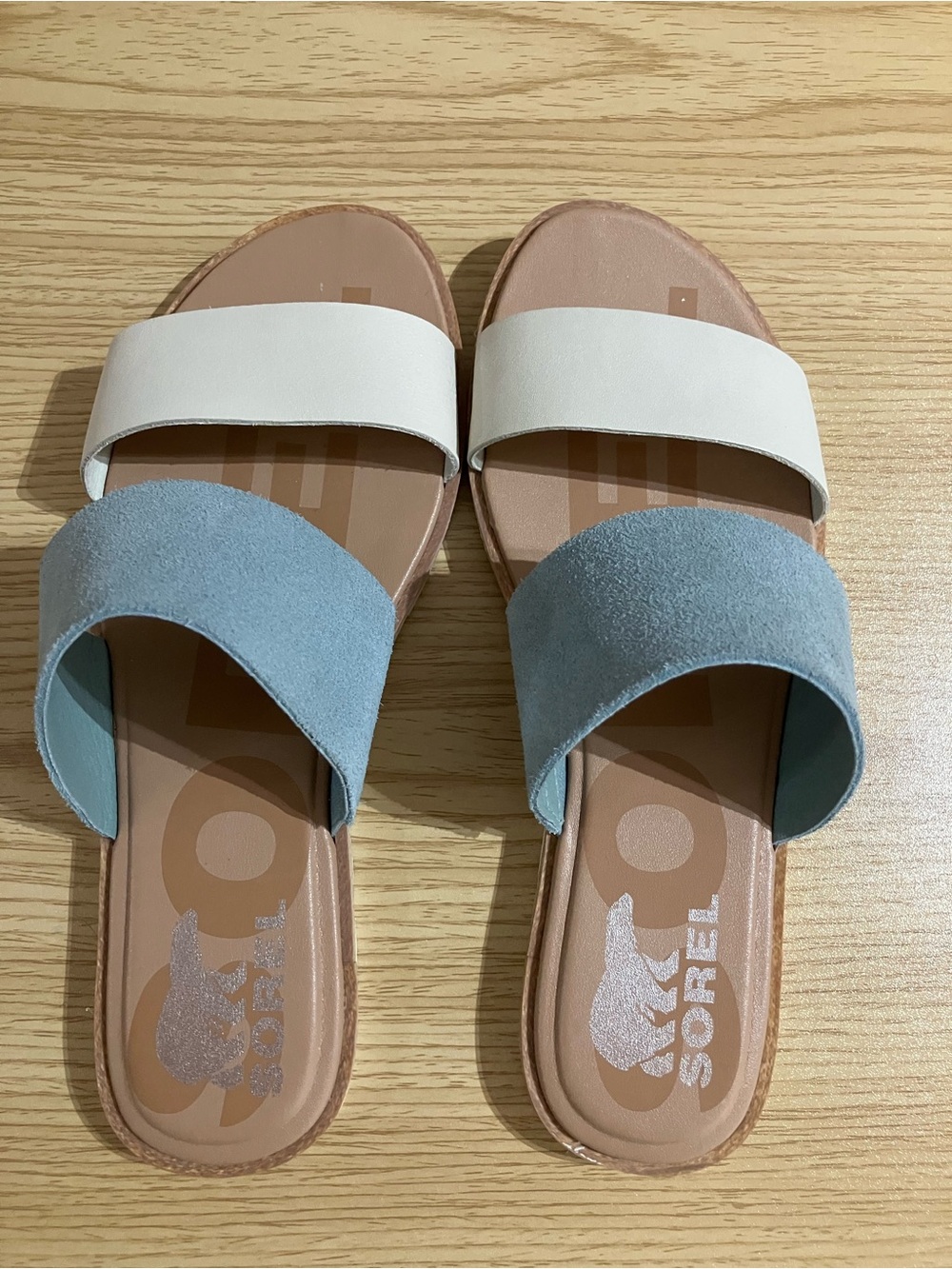 SOREL Women’s Ella II Slide Sandals – Light Blue Suede & White – New
